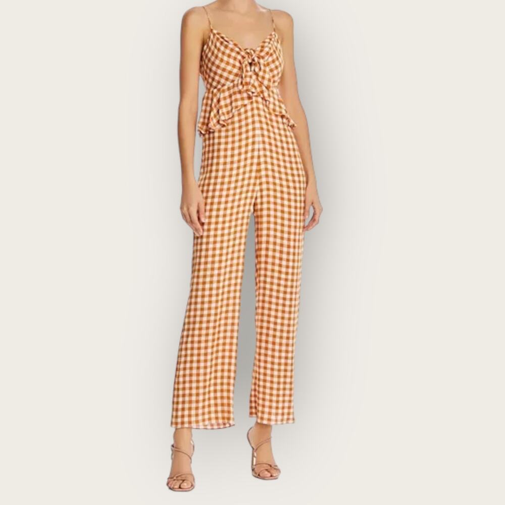 Saylor Laken Gingham Jumpsuit | Medium | Apricot White Plaid Peplum Top Summer